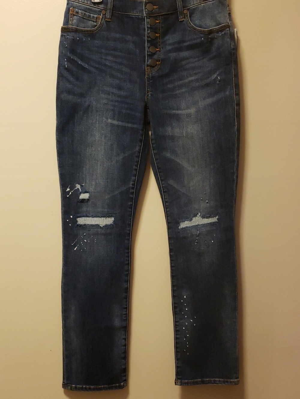 CAbi Boyfriend Jeans in Dark Blue Wash with Button Fly